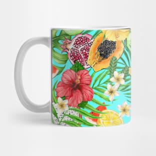 Tropical mix-fruit, flowers and leaves on blue Mug